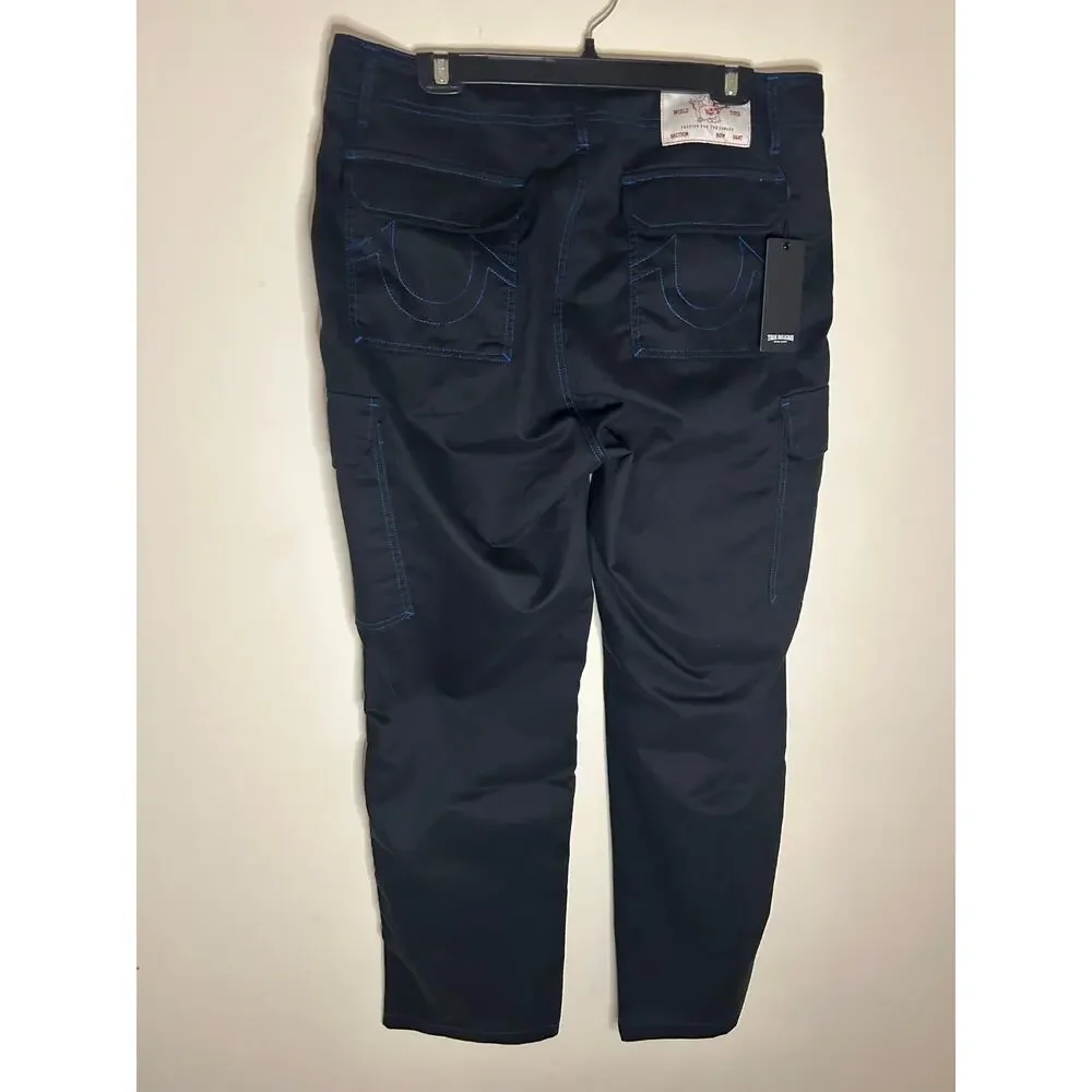 True Religion Baggy Cargo Pants Jet Black Pacific Blue Contrast Stitch 34 NWT